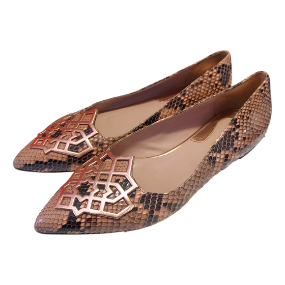 Nour Jensen Leather Snakeskin Python Pointed Toe Flats Women's Size 38.5 - 8 - Picture 1 of 8